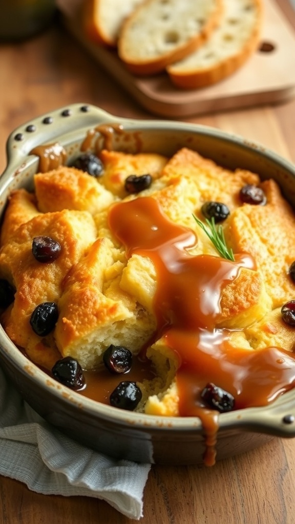 Mississippi Queen Bread Pudding Recipe A golden-brown bread pudding with caramel sauce and raisins in a rustic dish on a wooden table.
